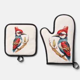 Scarlet Wappen Woodpecker Ofenhandschuh & Topflappen-Set