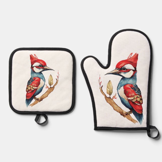 Scarlet Wappen Woodpecker Ofenhandschuh & Topflappen-Set (Vorderseite)