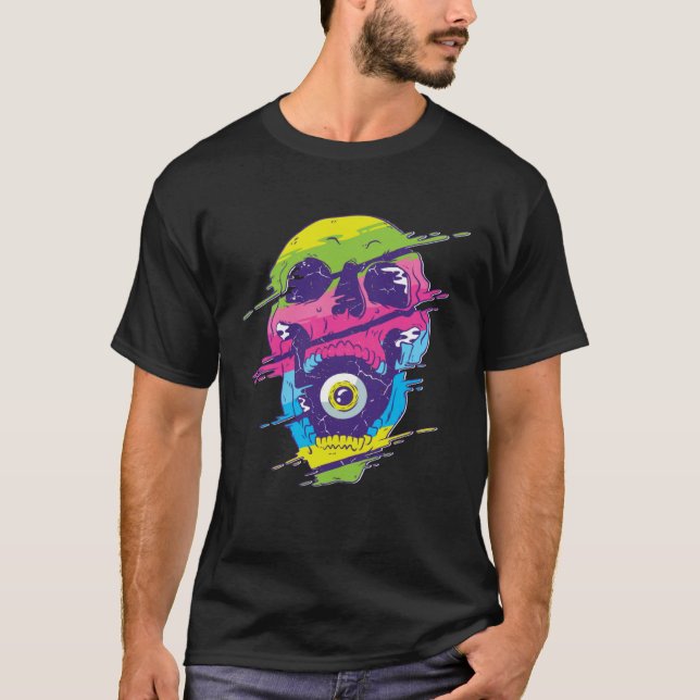 Scary creepy skeleton skull coloured eye trippy T-Shirt (Vorderseite)