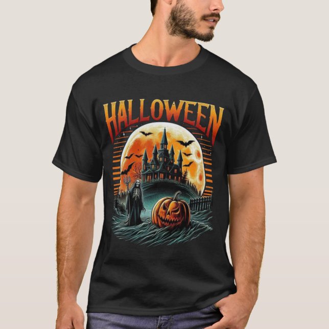 Scary Moonlit Haunted Castle Grim Reaper Halloween T-Shirt (Vorderseite)