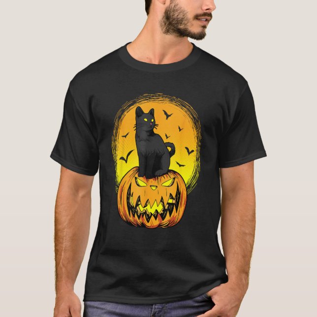 Scary Nightcat Black Cat With Yellow Eyes Pumpkin  T-Shirt (Vorderseite)