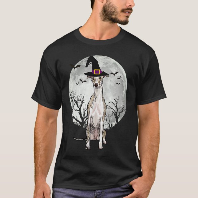 Scary Whippet Dog Witch Hat Halloween T-Shirt (Vorderseite)