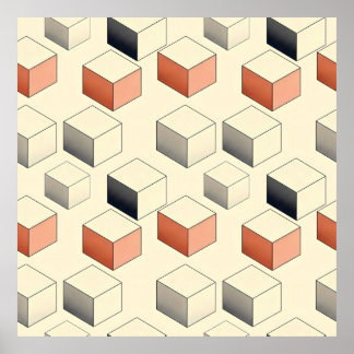 Scattered red and grey isometric cubes on a beige poster