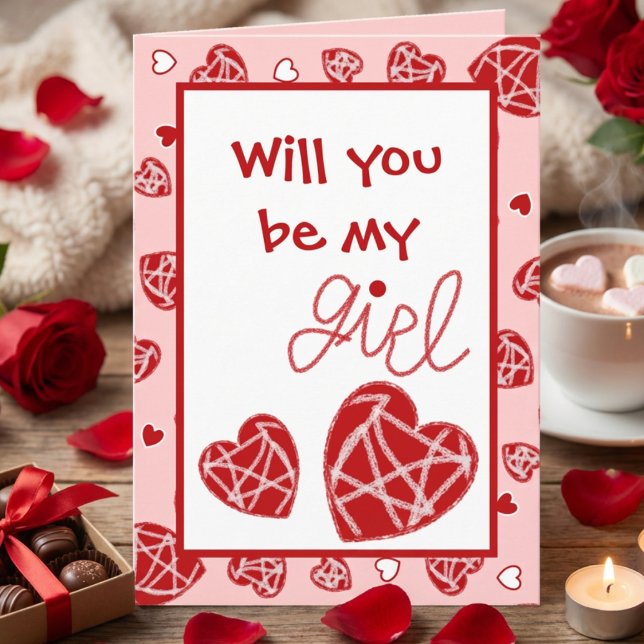 Scattered Red Hearts Valentine Card Karte (Will you be MY girl… or MY Galentine? Customize everything except the crayon-style “girl” word.)