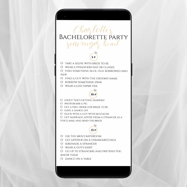 Scavenger Hunt Junggeselinnen-Abschied Gold gPhoto Karte (bachelorette party scavenger hunt)