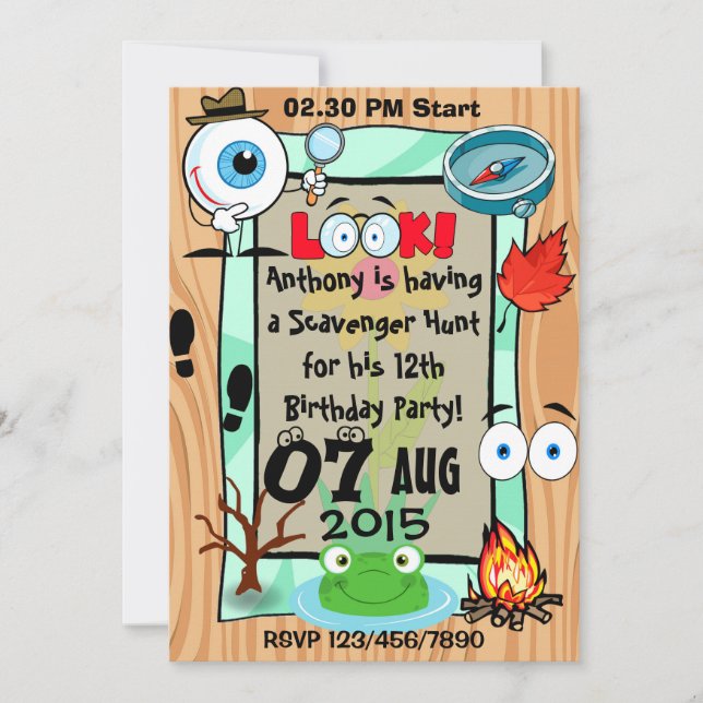 Scavenger Hunt Themed Kids Party Einladung (Vorderseite)