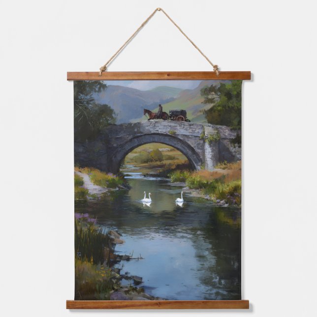 Scene of horse carriage on a bridge over stream wandteppich mit holzrahmen (Vorderseite)