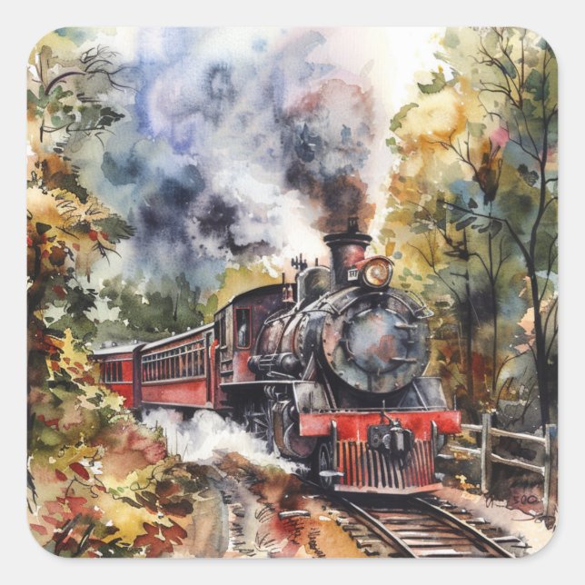 Scenic Landscape with Train Quadratischer Aufkleber (Vorderseite)