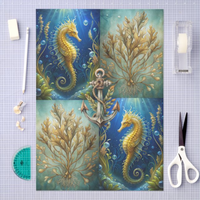 Scenic Ocean Seaweed, Seahorses & Anchor Decoupage Seidenpapier (Handwerk)