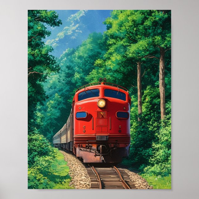 Scenic Red Locomotive Train Mountain Forest Poster (Vorne)