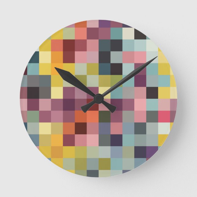 Schaakbord, gekleurde vlakken patroon. Pixels Runde Wanduhr (Vorderseite)