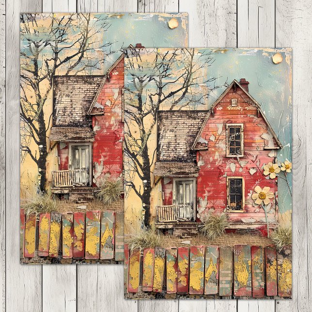 SCHABBAR ROTES FARMHAUS GEMISCHTES MEDIENDECOUPAY SEIDENPAPIER (SHABBY RED FARMHOUSE MIXED MEDIA DECOUPAGE TISSUE PAPER)