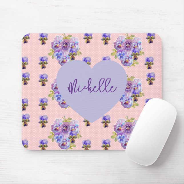 Schäbige lila Stiefmütterchen Blumen rosa Punkt Ma Mousepad (Mit Mouse)