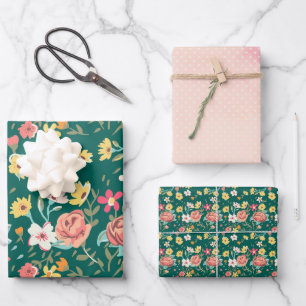Schäbiges Pink Grüner Garten Geschenkpapier Set