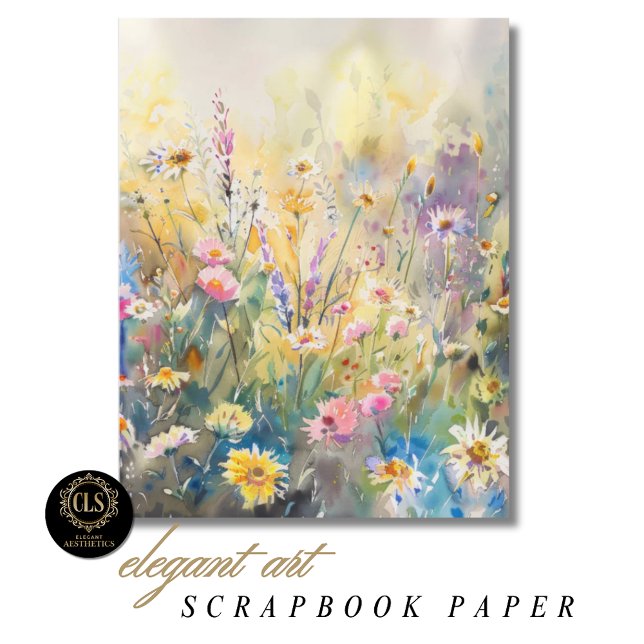 Schabkunstpapier - Wasserfarben-Wildblumen (Scrapbook Paper with Pastel Watercolor Wildflower Art Design)