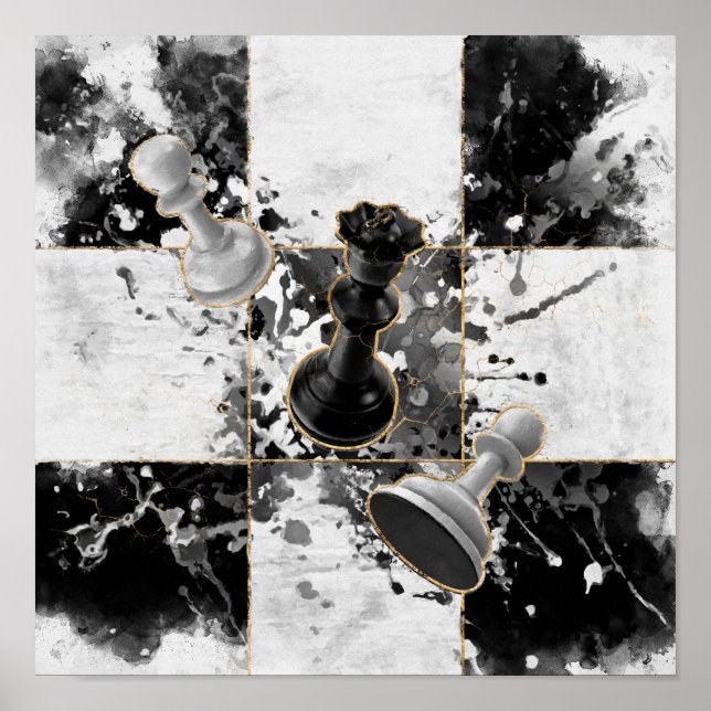 Schach abstrakte Kunst Wasserfarbe und Gold Poster (Vorne)