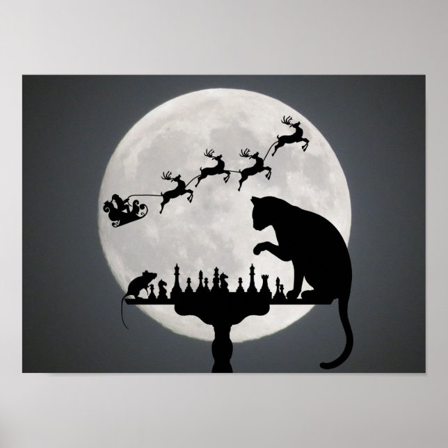 Schach Santa Vollmond Katze und Mausspiel Weihnach Poster (Vorne)