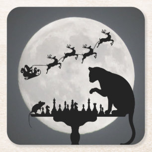 Schach Santa Vollmond Katze und Mausspiel Weihnach Rechteckiger Pappuntersetzer