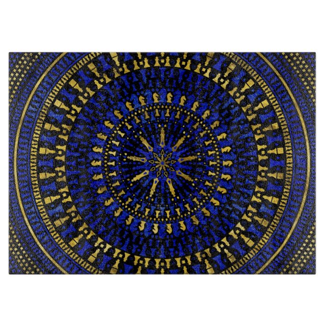Schach-Stück-Mandala - Lapislazuli und Gold Schneidebrett (Vorderseite)