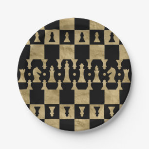 Schach-Stück-Muster - Schwarzes und Gold Pappteller