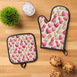 Schach- und Herz-Valentinsmuster Ofenhandschuh & Topflappen-Set