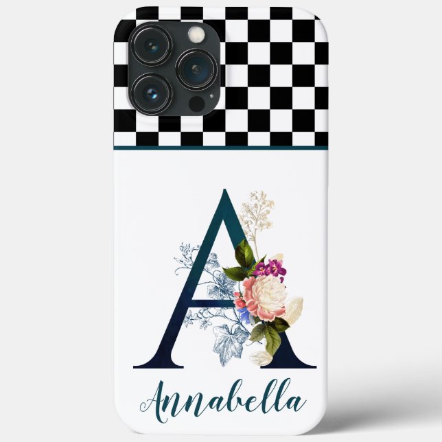 Schachbrett-Fancy-Blumenmonogramm Buchstabe A Case-Mate iPhone Hülle (Rückseite)