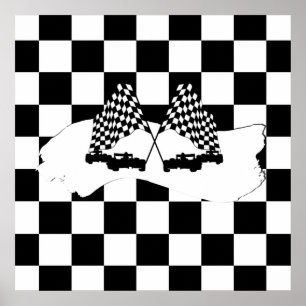 Schachbrett-Flagge und Rennwagen Poster