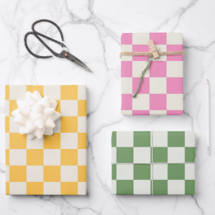 Schachbrett Gelb Pink Grün Vornehm Retro Spaß Geschenkpapier Set