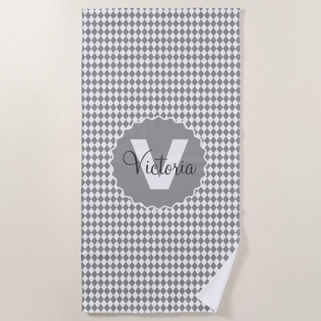 Schachbrett Graustufen mit Monogramm Name   Strandtuch (Vorderseite)