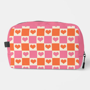 Schachbrett-Herzen in Rosa, Orange und Creme Waschbeutel