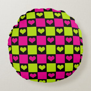 Schachbrett-Herzen - Limettengrün, Hot Pink & Schw Rundes Kissen