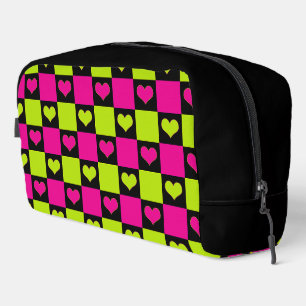 Schachbrett-Herzen - Limettengrün, Hot Pink und Sc Waschbeutel