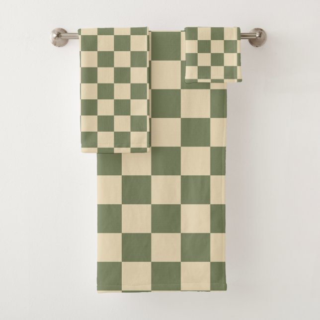 Schachbrett mit grüner und heller Beige Badhandtuch Set (Insitu)