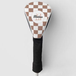Schachbrett Quadrate Mocha-braunes Retro Monogramm Golf Headcover