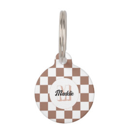 Schachbrett Quadrate Mocha-braunes Retro Monogramm Haustiermarke