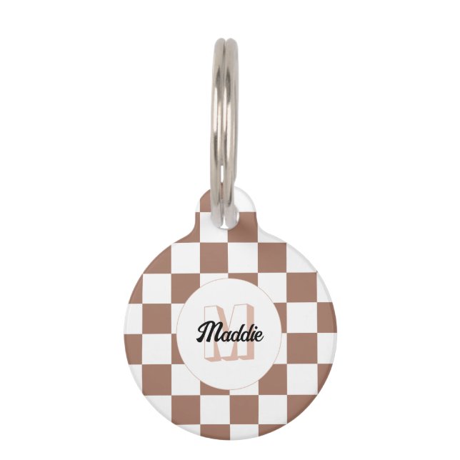 Schachbrett Quadrate Mocha-braunes Retro Monogramm Haustiermarke (Vorderseite)