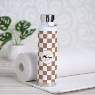 Schachbrett Quadrate Mocha-braunes Retro Monogramm Trinkflasche