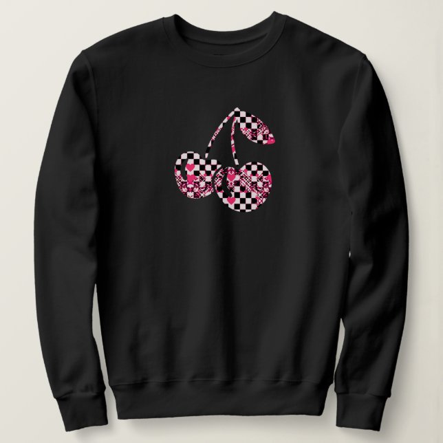 Schachbrett & rosa Herzen gemusterte Kirschen Sweatshirt (Design vorne)