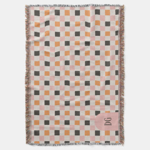 Schachbrett Schwarz, Orange und Rosa - Monogramm Decke