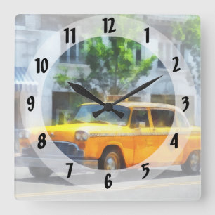 Schachbrett-Taxi im Vintage-Stil Quadratische Wanduhr