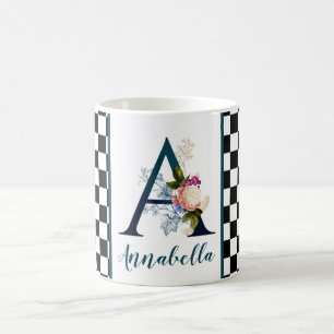 Schachbrettmuster Fancy Floral Monogramm Buchstabe Kaffeetasse