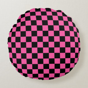 Schachbrettmuster in Schwarz und Pink Rundes Kissen