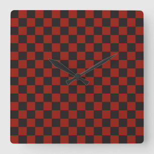 Schachbrettmuster in Schwarz und Tiefrot Quadratische Wanduhr