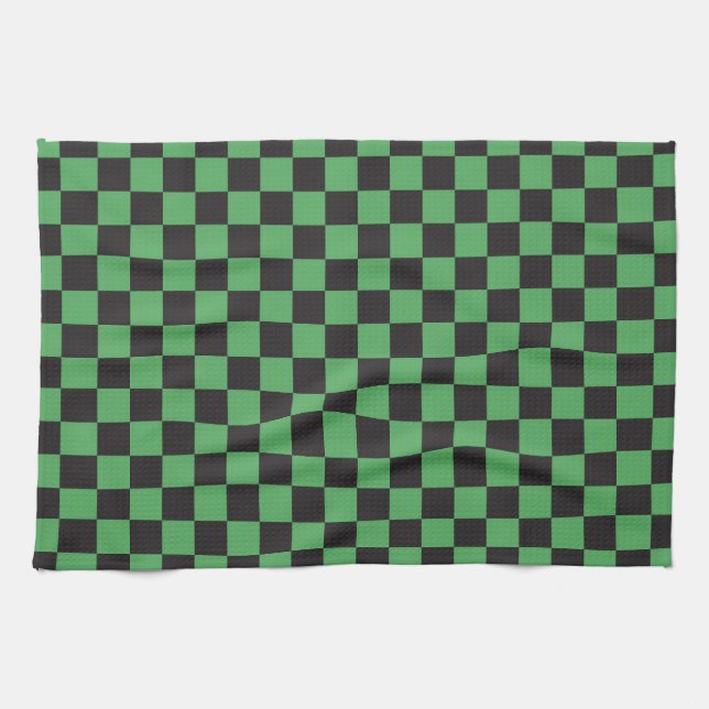 Schachbrettmuster karierte Quadrate Schach grün sw Geschirrtuch (Horizontal)