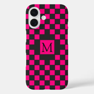 Schachbrettmuster-Monogramm in Schwarz und Rosa iPhone 16 Hülle