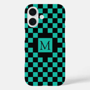 Schachbrettmuster-Monogramm in Schwarz und Türkis iPhone 16 Hülle
