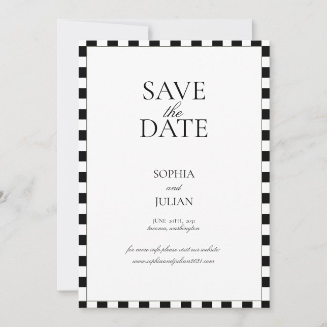 Schachbrettmuster-Rand Modern Schwarz-Weiß Save The Date (Vorderseite)