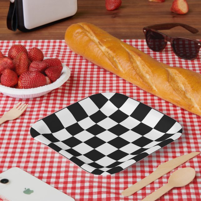 Schachbrettmuster Schwarz-Weiß Pappteller (Picknick)