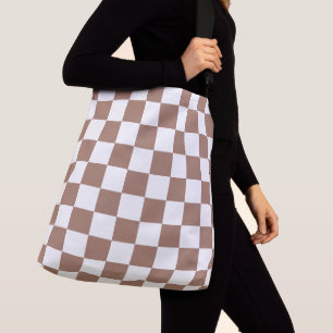 Schachbrettquadrate Mocha Braun Weiß geometrisch R Tragetaschen Mit Langen Trägern