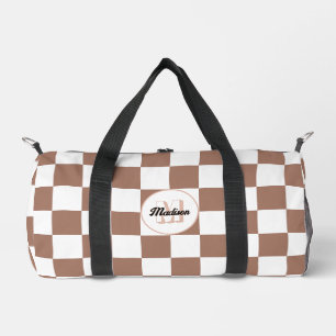 Schachbrettquadrate Mocha Braun Weiß Retro Monogra Duffle Bag
